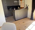 A modern, open-plan living and kitchen area with grey cabinets, a central island, a sofa, and various kitchen appliances.