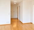 Empty hallway with light wooden flooring, white walls, and a closed closet door at the end.