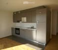 Modern kitchen with grey cabinets, stainless steel appliances, wooden flooring, and a sink with a faucet.