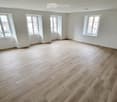 Empty room with light wooden flooring and white walls, featuring multiple windows with white frames and a visible view of neighboring buildings.