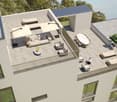 Roof terrace, lounge furniture, dining table, shade umbrellas, metal railings