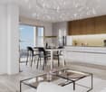 modern kitchen with dining area, large windows, chandelier, wooden floor, white furniture