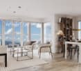 living room with large windows, wooden flooring, modern furniture, chandelier, view of the city and mountains