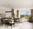 Spacious open-plan living and dining area with large windows offering a scenic view of the surrounding landscape. The dining table is made of dark wood and surrounded by comfortable upholstered chairs. The living room features a sofa and a modern chandeli