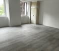 Empty room with grey floor, white walls, two windows, a closet.