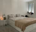 bed with white base, white nightstand, white lamp, white pillows, beige rug, grey carpet, potted plant