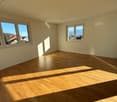 empty room, hardwood floors, white walls, two windows with mountain view
