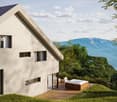 modern style house, wooden deck, hot tub, large windows, mountains in the distance