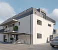 3 story house, white exterior, gray roof, balconies, carport, bicycles