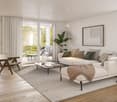 white sofa with cushions, grey rug, wooden coffee table, two armchairs, floor lamp, large sliding doors to balcony, two windows, framed art