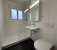 modern bathroom, white tiles, glass shower, white sink, white toilet, white mirror