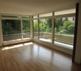 large glass windows, wooden floor, balcony