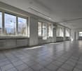 empty room, white walls, white ceiling, white tiles, large windows, radiators