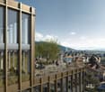 modern building with glass facade, balcony, terrace, city view