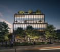 modern office building, glass facade, multiple floors, terraces, greenery, people walking