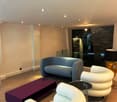 Spacious living room with modern furniture, including a gray sofa, white and blue curved chairs, and a purple coffee table on wheels. The room has recessed lighting and a stone accent wall with a fireplace. The overall decor has a contemporary and stylish