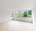 Empty room, large windows, wooden floor, white walls, view to the outside