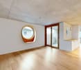 modern interior, wooden floor, circular window, sliding doors, built-in cabinets