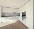 all white cabinets, island, integrated oven, stainless steel sink, dishwasher, washing machine