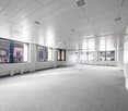 empty room, white walls, gray carpet, large windows, white ceiling