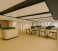 modern office space with beige flooring, white walls, large windows, wooden desk, office chairs, green couch, beige sofa, beige carpet, potted plant, wooden wall paneling, ceiling lights