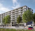 Multistory building, many windows, balconies, commercial area with bakery and coffee shop at ground floor