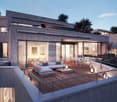 modern house, concrete exterior, large terrace, outdoor seating, wooden deck, glass walls, multiple levels