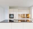 white kitchen cabinets, black countertops, integrated oven and dishwasher, double sink, modern interior