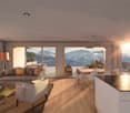 Spacious living room, wooden floors, modern furniture, panoramic windows, balcony, dining area, and a view of the mountains.