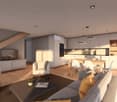 open living room with wooden floor, kitchen with wooden dining table, light gray sofa, dining chairs, television, wooden staircase, built-in cabinets, wall-mounted shelves, modern lighting fixtures, decorative objects, and natural light from windows