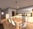 Dining room with wooden table, white chairs, white cabinets, shelves, and a wooden floor.