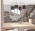 dining room, wooden table, chairs, couch, stairs, window
