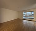 Empty room, hardwood floors, white walls, large windows with external view