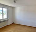 empty room, white walls, wooden floor, large window, white radiator, ceiling lights