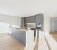 Modern kitchen with island countertop, central island with stove top, built-in kitchen appliances, sleek gray cabinetry