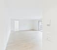 empty room, white walls, wooden floor, balcony, glass window