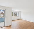 empty room with white walls and wooden floors, large window, balcony