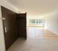 Empty room with wooden floor, tile floor, wooden closet, and window with balcony.