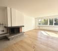 Living room with hardwood floor, fireplace, white walls, windows, empty