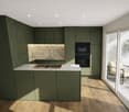 modern kitchen with green cabinets, marble countertop, induction cooktop, double oven, sink, wooden floor, glass doors leading to a patio with a tree