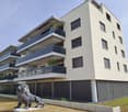 Modern apartment building, beige exterior, multiple balconies, lion statue in front
