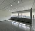 Empty room with white walls, gray floor, large windows, and ceiling lights