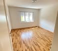 wooden floor, white walls, window, ceiling light