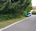residential street, two cars parked on street, grass verge, two bicycles, building, trees