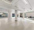 Empty room with white walls, ceiling, and floor, large windows, two white pillars, ceiling lights