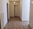 Empty room with wooden floor, white walls, two doors, and ceiling lights