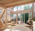 modern style interior, wooden ceiling, wooden stairs, sliding glass door, white carpet, wooden sofa, center table, floor lamp