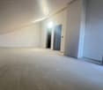 Empty room, white walls and ceiling, concrete floor, two doors, ceiling light
