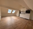 Spacious studio apartment with hardwood floors, white walls, and two skylights. The room features a kitchenette with white cabinets and appliances.