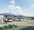 Modern house with a carport, 3 cars parked, mountain view